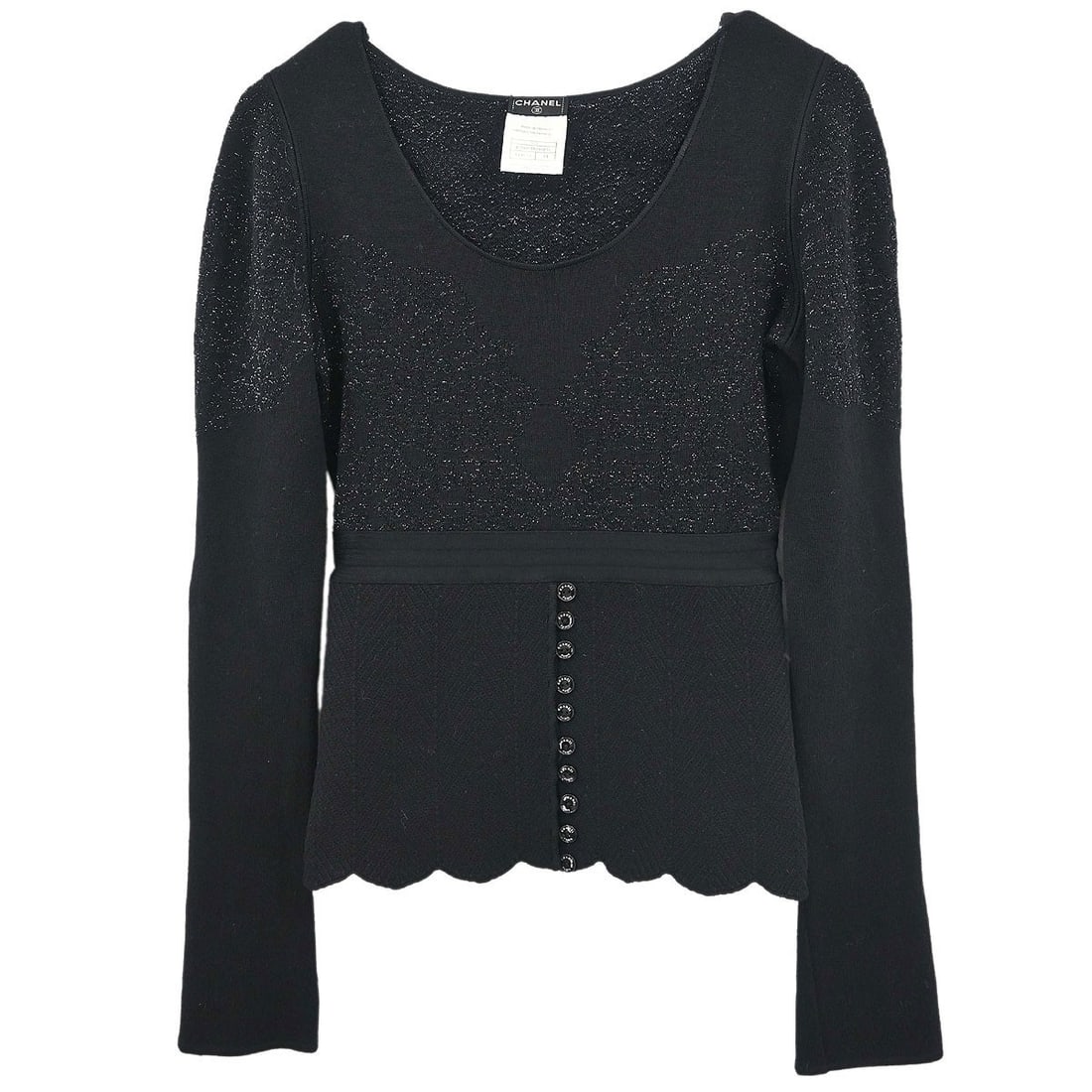 CHANEL Vintage Black Long Sleeve T Shirt Top Size 34: CHANEL Vintage Black Long Sleeve T Shirt Top Size 34 Vintage Chanel black long-sleeve top in a basic style with a regular fit. Made in France, this women's top is crafted from a wool blend with rayon,