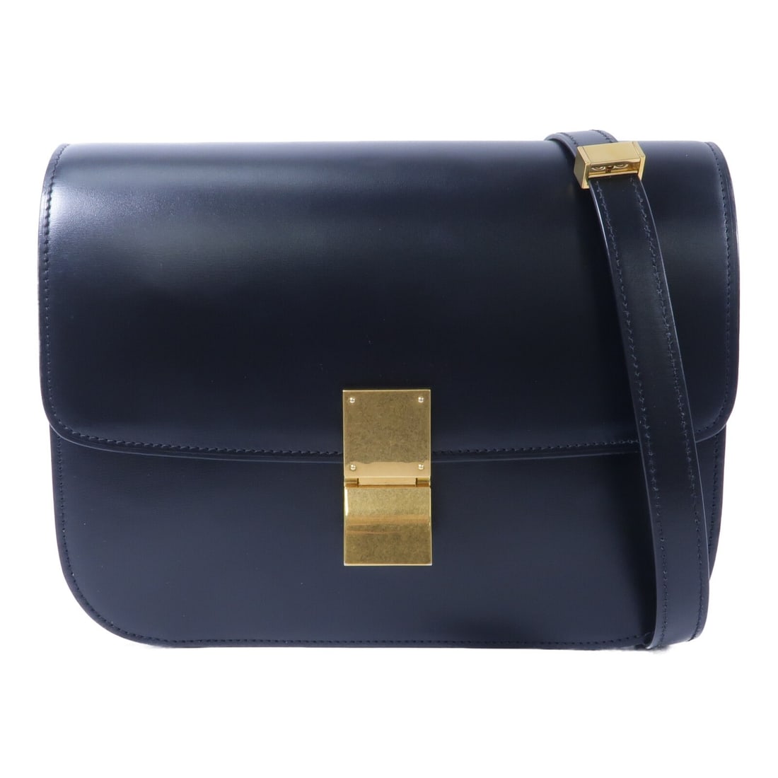 CELINE Classic Box Medium Black Calfskin Shoulder Bag GHW: CELINE Classic Box Medium Black Calfskin Shoulder Bag GHW A medium shoulder bag in black calfskin leather with a classic box silhouette and shoulder strap. It features a flap closure, an open interior