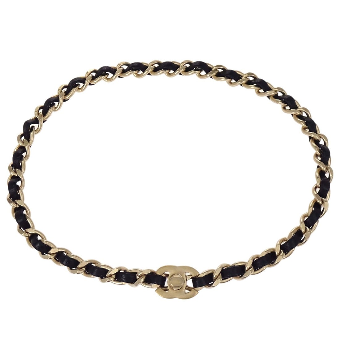 CHANEL B12P choker necklace gold plated black leather turnlock: CHANEL B12P choker necklace gold plated black leather turnlock Chanel choker necklace in gold and black, crafted from gold plated material and leather. Made in Italy, it measures approximately 15.0 in