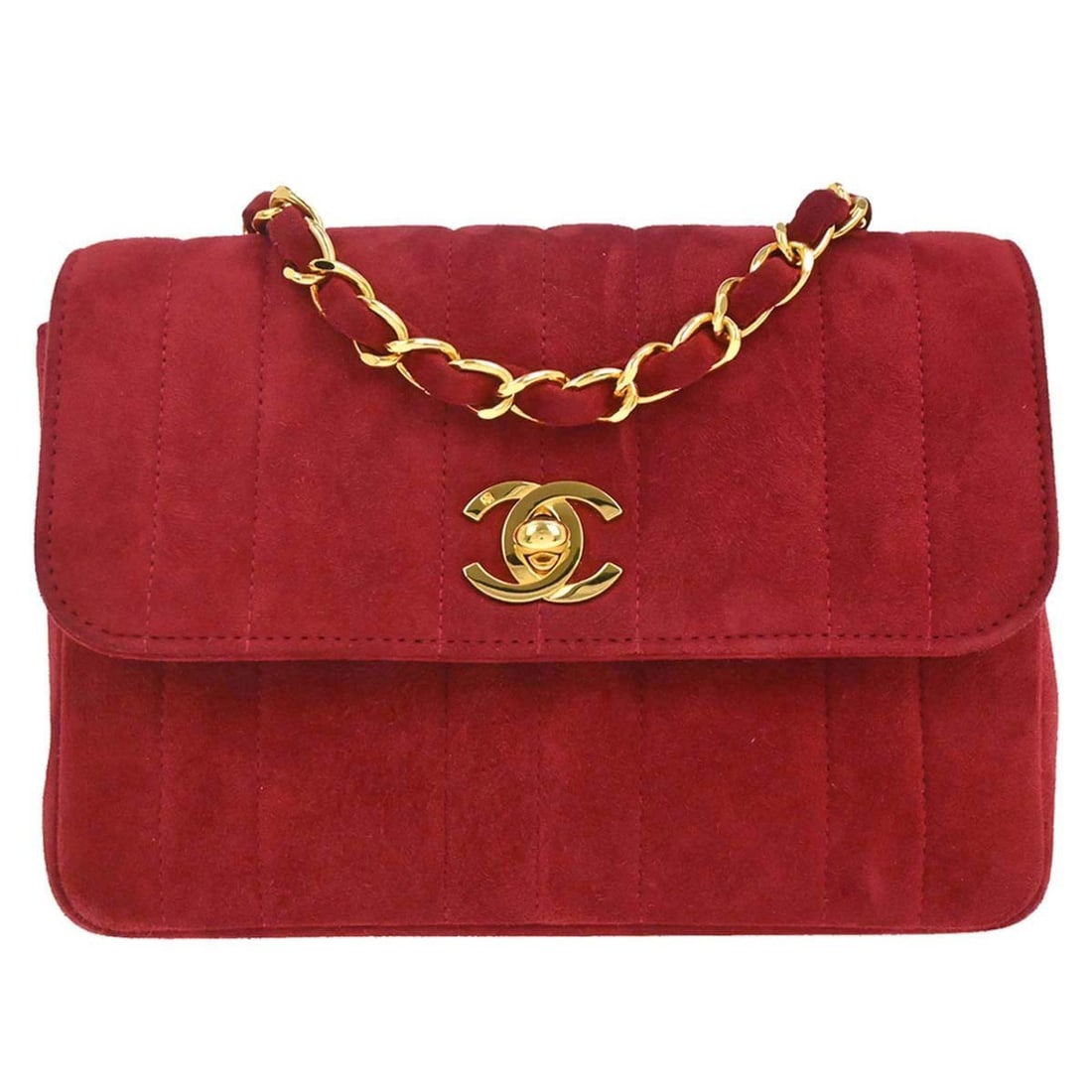 CHANEL CC Matelasse Suede Shoulder Bag in Red: CHANEL CC Matelasse Suede Shoulder Bag in Red Chanel red suede shoulder bag in a small size, featuring a matelasse quilted finish and a turn lock closure. It has a leather lining, inner pockets, and a