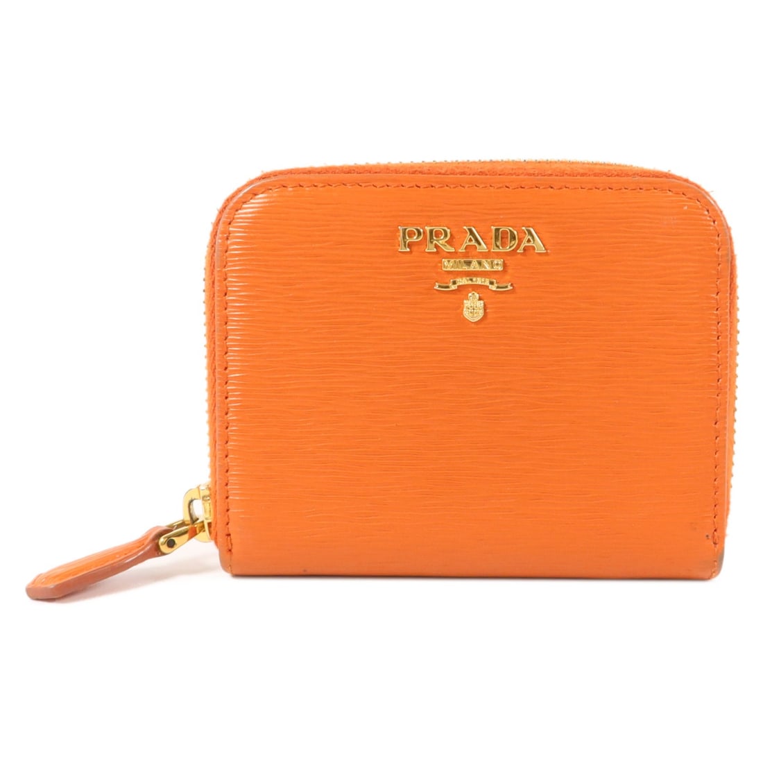 PRADA Orange Calfskin Card Case with GHW: PRADA Orange Calfskin Card Case with GHW Prada card case in orange calfskin leather, designed for women in a regular size. Made in Italy, it features a compact profile with two open pockets and a fast