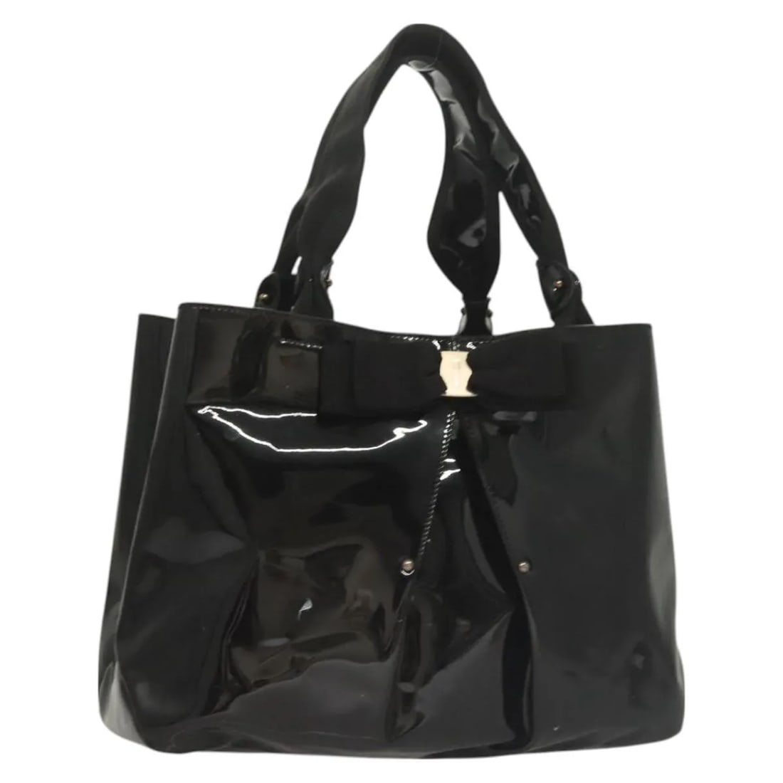 Black Patent Leather Vala Handbag by Salvatore Ferragamo: Black Patent Leather Vala Handbag by Salvatore Ferragamo This Salvatore Ferragamo Vala handbag is crafted from black patent leather and designed for women. It features a structured silhouette with amp
