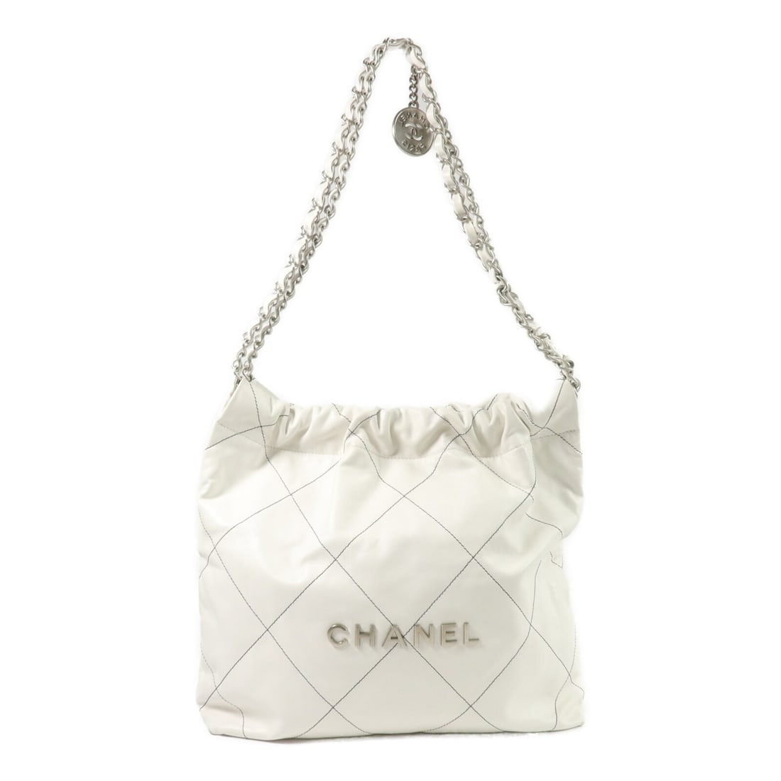 CHANEL AS3260 Chanel 22 Small White Calfskin Shoulder Bag: CHANEL AS3260 Chanel 22 Small White Calfskin Shoulder Bag CHANEL 22 Small Chain Shoulder Bag in white calfskin leather, model AS3260. It features a magnetic pocket and one inside zip pocket, and inclu