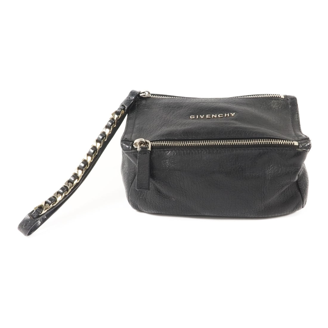 Givenchy Pandora Calfskin Wristlet Pouch Black SHW: Givenchy Pandora Calfskin Wristlet Pouch Black SHW GIVENCHY SHW Pandora wristlet accessory pouch in black calfskin leather. This women's regular-size accessory pouch features a handle, black frame and