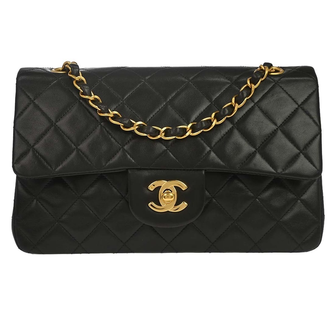 CHANEL Classic Double Flap Small Shoulder Bag Black Lambskin: CHANEL Classic Double Flap Small Shoulder Bag Black Lambskin Chanel Black Lambskin Small Classic Double Flap Shoulder Bag in black lambskin with a matelasse pattern and flap turnlock closure. This sma