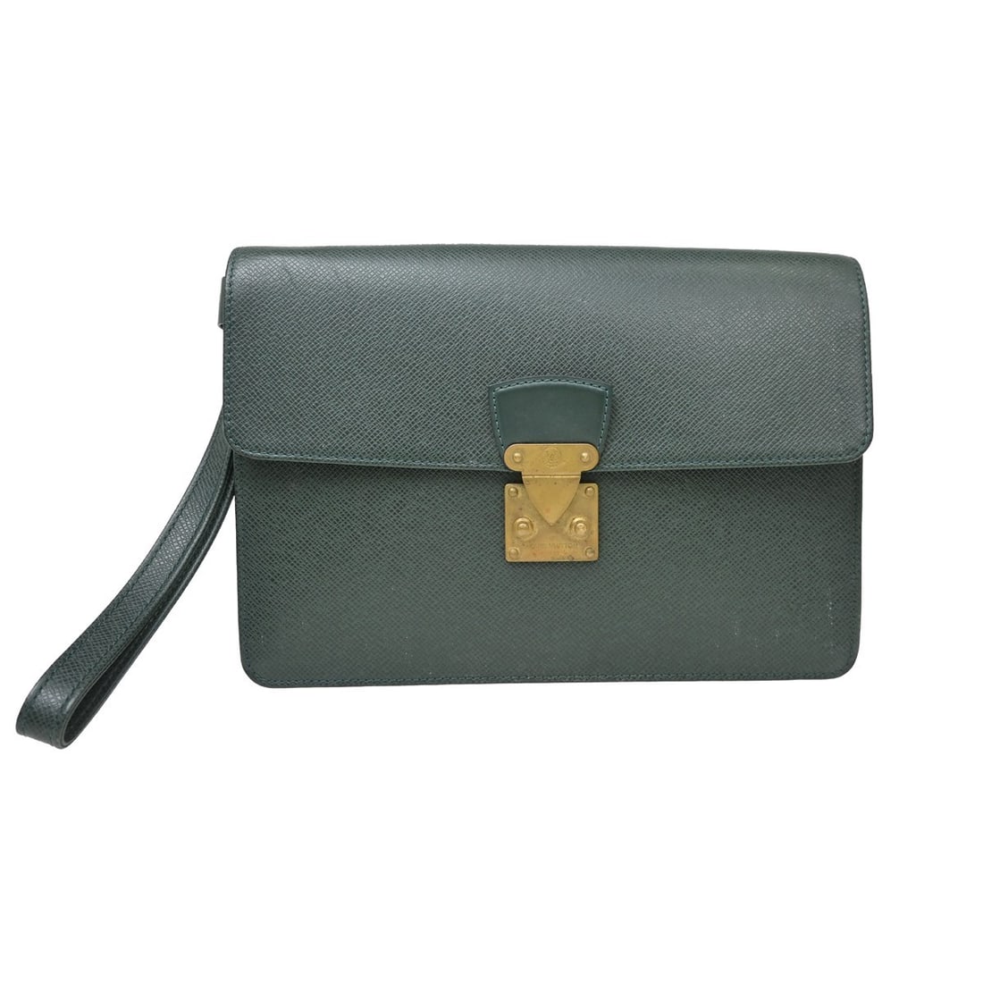 Louis Vuitton Kourad Taiga leather clutch in Epicea green M30194: Louis Vuitton Kourad Taiga leather clutch in Epicea green M30194 Vintage Louis Vuitton Taiga Pochette Kourad clutch bag in Epicea green Taiga leather. This small clutch features an exterior pocket and