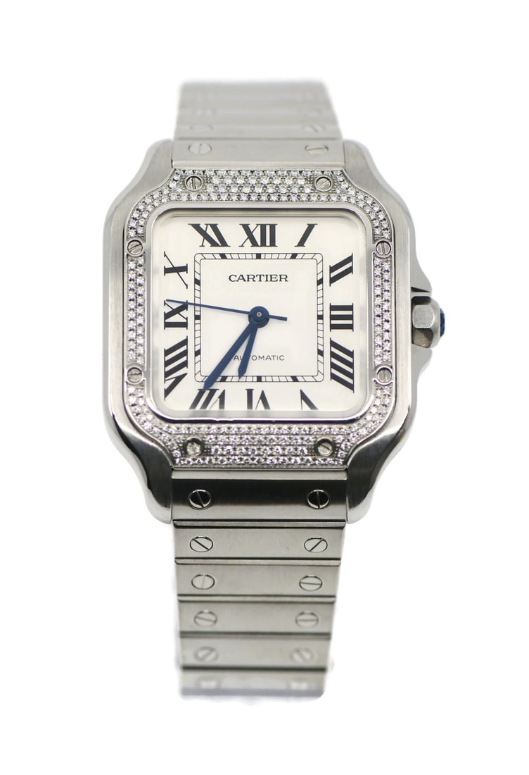 Cartier Santos Medium Diamond Watch W4SA0005 Stainless Steel with Box and Papers: Cartier Santos Medium Diamond Watch W4SA0005 Stainless Steel with Box and Papers Experience the elegance of the Cartier Santos Medium Diamond Stainless Steel Watch, reference W4SA0005. This stunning t
