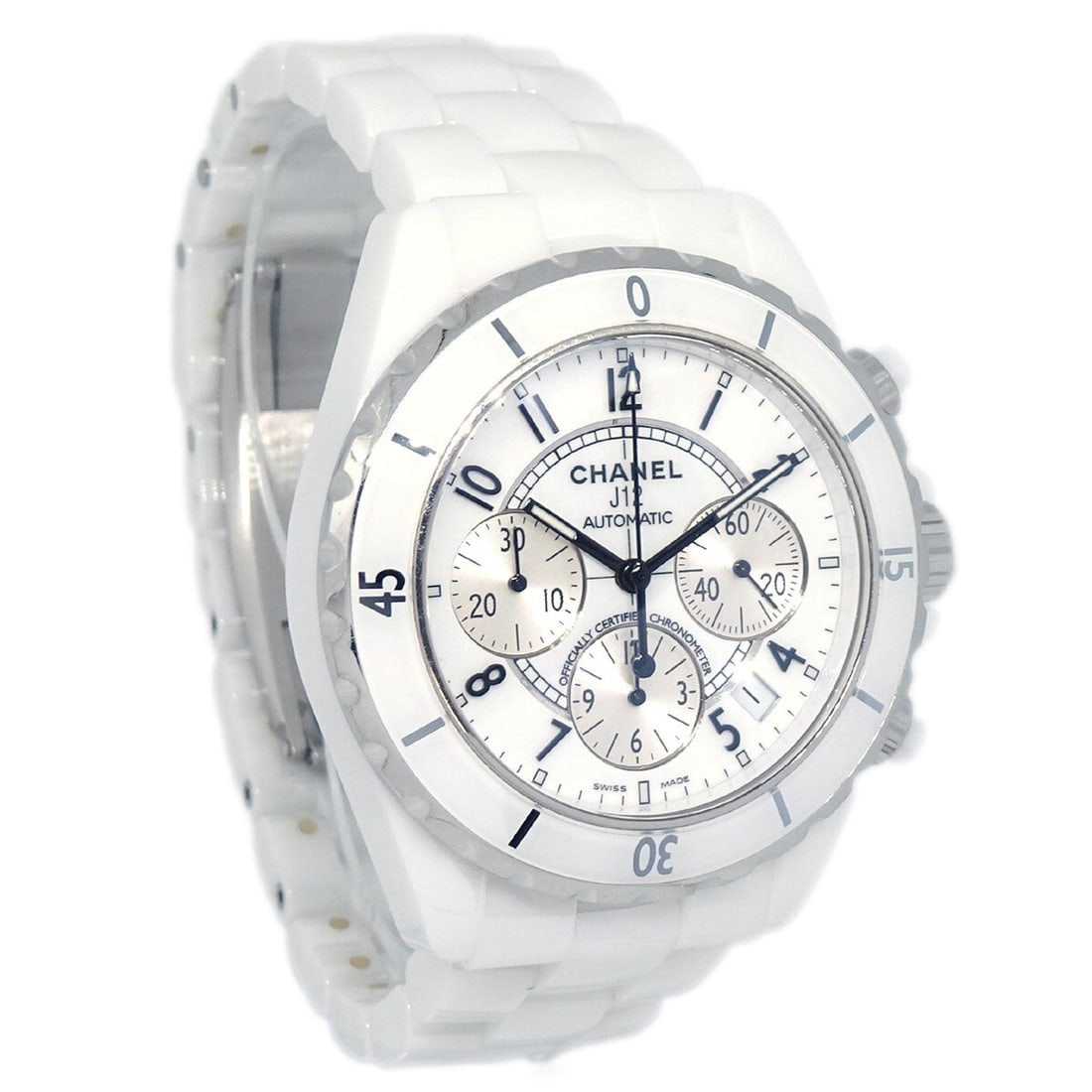 Chanel J12 41mm White Ceramic Automatic Wristwatch: Chanel J12 41mm White Ceramic Automatic Wristwatch This Chanel J12 Chronograph Ref. H1007 is a classic men's wristwatch featuring a 41mm white ceramic case and matching ceramic band. The watch is equi