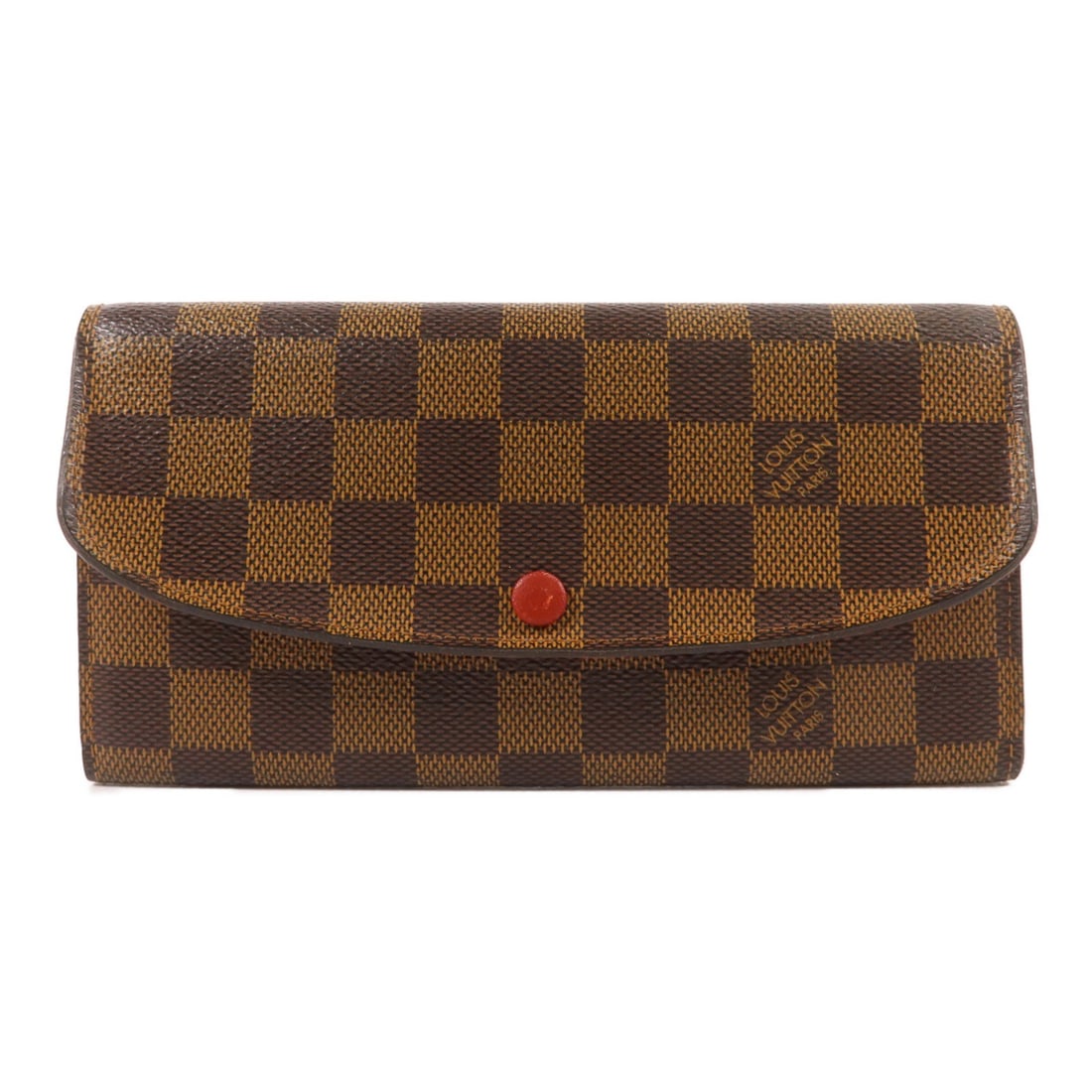Louis Vuitton Portefeuille Emilie Wallet N63544 Damier Ebene Brown: Louis Vuitton Portefeuille Emilie Wallet N63544 Damier Ebene Brown A Louis Vuitton Portefeuille Emilie long wallet in Damier Ebene brown PVC coated canvas. It features a hook button closure and a prac