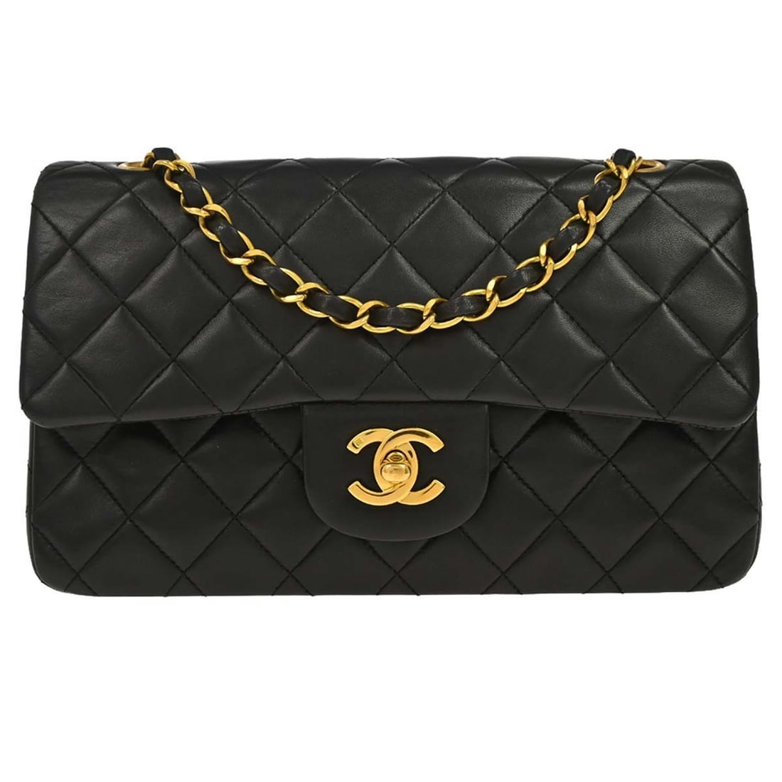 CHANEL Classic Double Flap Small Black Lambskin Shoulder Bag: CHANEL Classic Double Flap Small Black Lambskin Shoulder Bag Chanel Small Classic Double Flap Shoulder Bag in black lambskin with a matelasse pattern and flap turnlock closure. It features a shoulder 