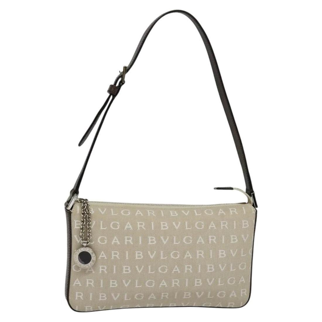 Ivory and Silver Canvas Shoulder Bag by BVLGARI Italy: Ivory and Silver Canvas Shoulder Bag by BVLGARI Italy This BVLGARI shoulder bag features an ivory and silver canvas exterior, designed for women. The bag is crafted in Italy and includes a shoulder st