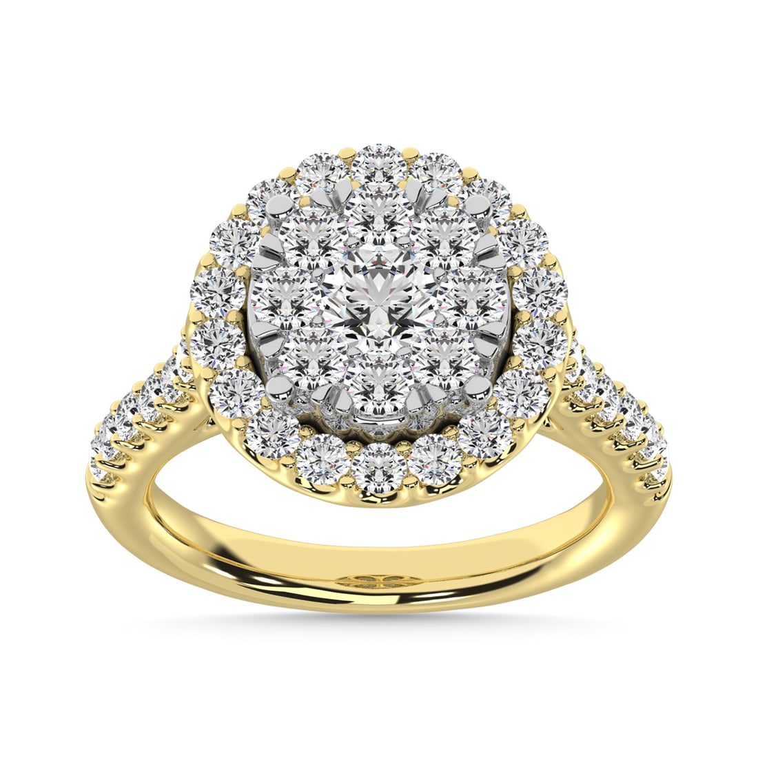 Diamond 1 1/2 Ct.Tw. Engagement Ring With Center Flower White Gold touch in 14K Yellow Gold: Diamond 1 1/2 Ct.Tw. Engagement Ring With Center Flower White Gold touch in 14K Yellow Gold 14k Yellow Gold Stone Color: G-h Stone Clarity: Si1 Each ring is presented in standard size 6.5. Complimenta