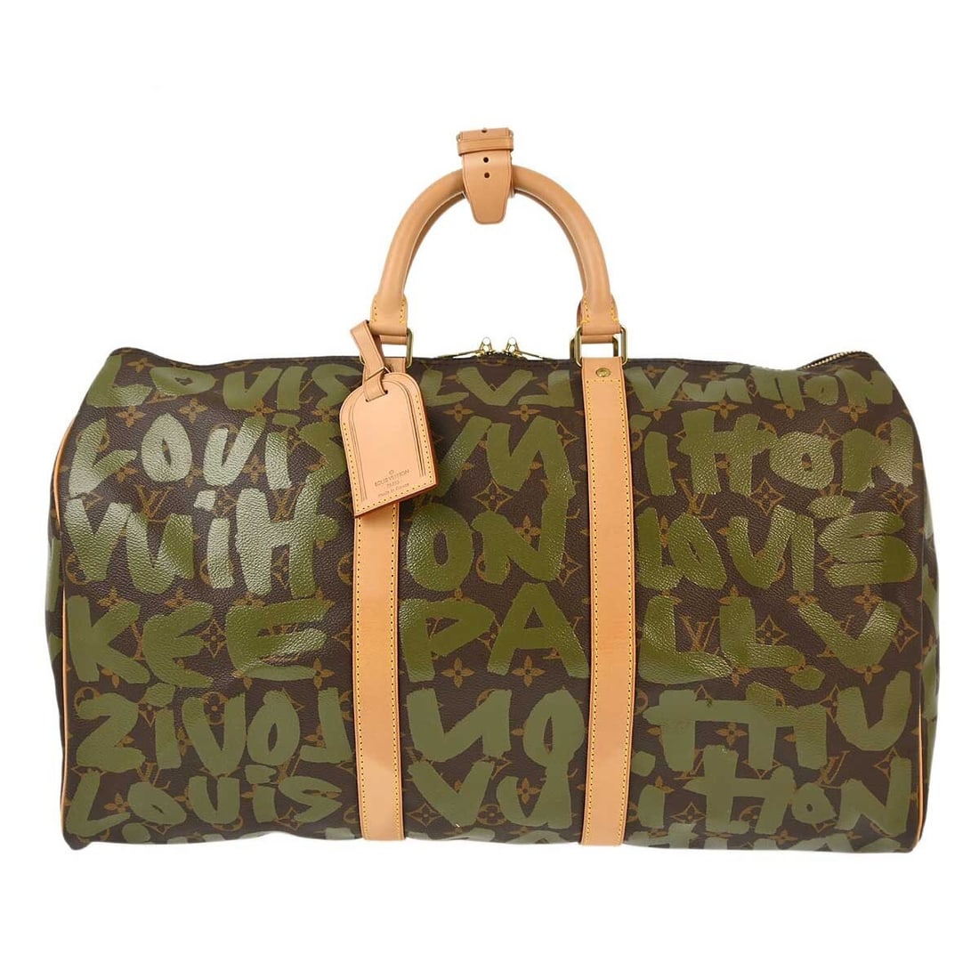 Louis Vuitton Keepall 50 Khaki Monogram Graffiti Travel Duffle M92196: Louis Vuitton Keepall 50 Khaki Monogram Graffiti Travel Duffle M92196 Louis Vuitton Keepall 50 duffle bag in khaki Monogram Graffiti canvas with leather trim. This large travel bag features a zip clos