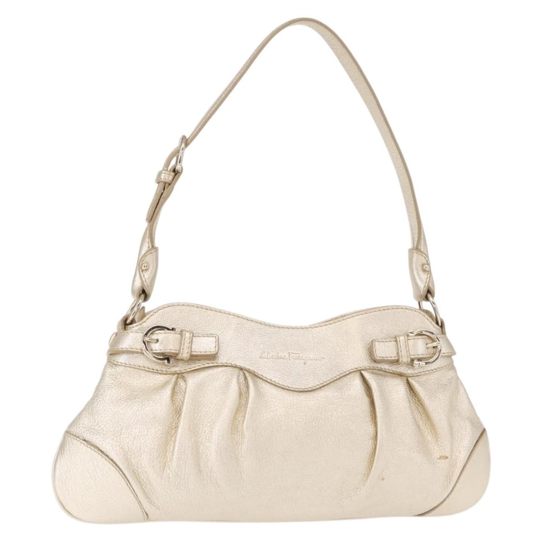 Leather Shoulder Bag Salvatore Ferragamo Gancini Gold Italy: Leather Shoulder Bag Salvatore Ferragamo Gancini Gold Italy A Salvatore Ferragamo Gancini shoulder bag in gold leather, made in Italy. The bag measures approximately W33 cm x H17 cm, with a shoulder d