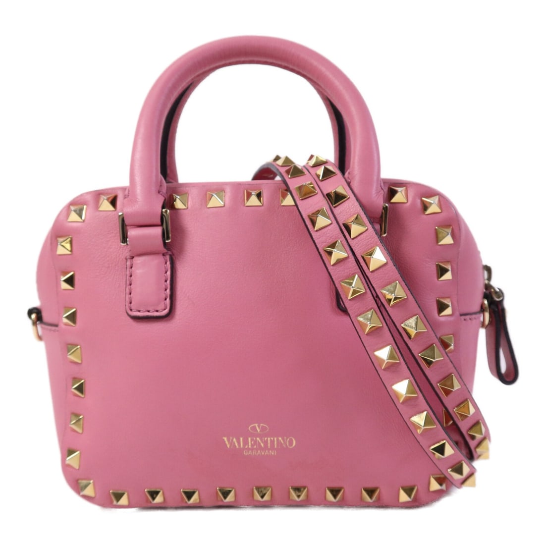 Valentino Rockstud Pink Calfskin 2 Way Shoulder Bag Gold Tone: Valentino Rockstud Pink Calfskin 2 Way Shoulder Bag Gold Tone Valentino 2-way shoulder bag in pink calfskin (cowhide) leather with Rockstud detailing and gold-tone hardware. Designed for women, it inc