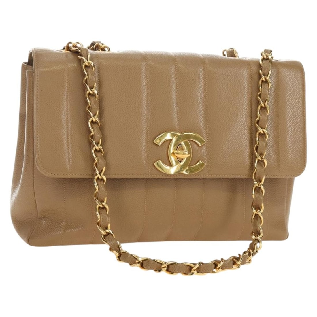 Chanel Mademoiselle Brown Caviar Leather Shoulder Bag Gold CC: Chanel Mademoiselle Brown Caviar Leather Shoulder Bag Gold CC CHANEL Mademoiselle Chain Shoulder Bag in brown and gold, crafted from grained calf skin / caviar skin. This shoulder bag was made in Fran