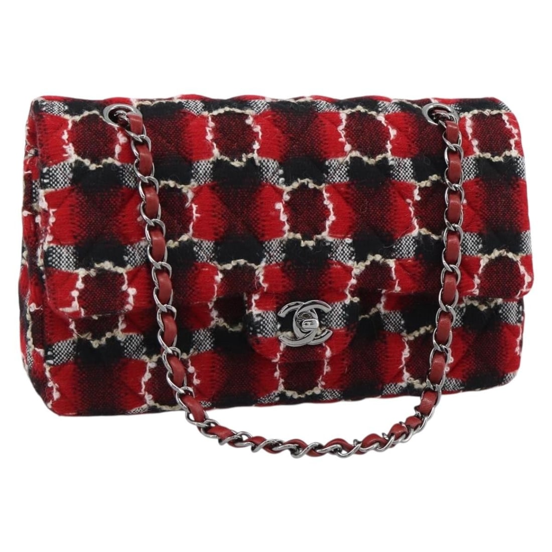 CHANEL Matelasse 25 Tweed Shoulder Bag Red Silver Chain: CHANEL Matelasse 25 Tweed Shoulder Bag Red Silver Chain Chanel Matelasse 25 double flap chain shoulder bag in red tweed with silver-tone CC detailing. Made in France, this women's shoulder bag include