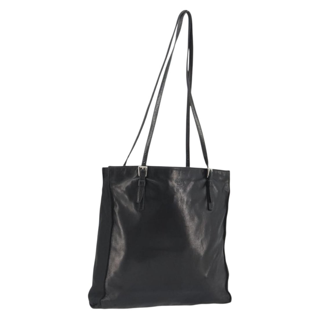 PRADA Black Leather Tote Bag Silver Tone with Guarantee Card: PRADA Black Leather Tote Bag Silver Tone with Guarantee Card A Prada leather tote bag in black with silver-tone hardware, made in Italy. It comes with a guarantee card and shows heavy use, including l