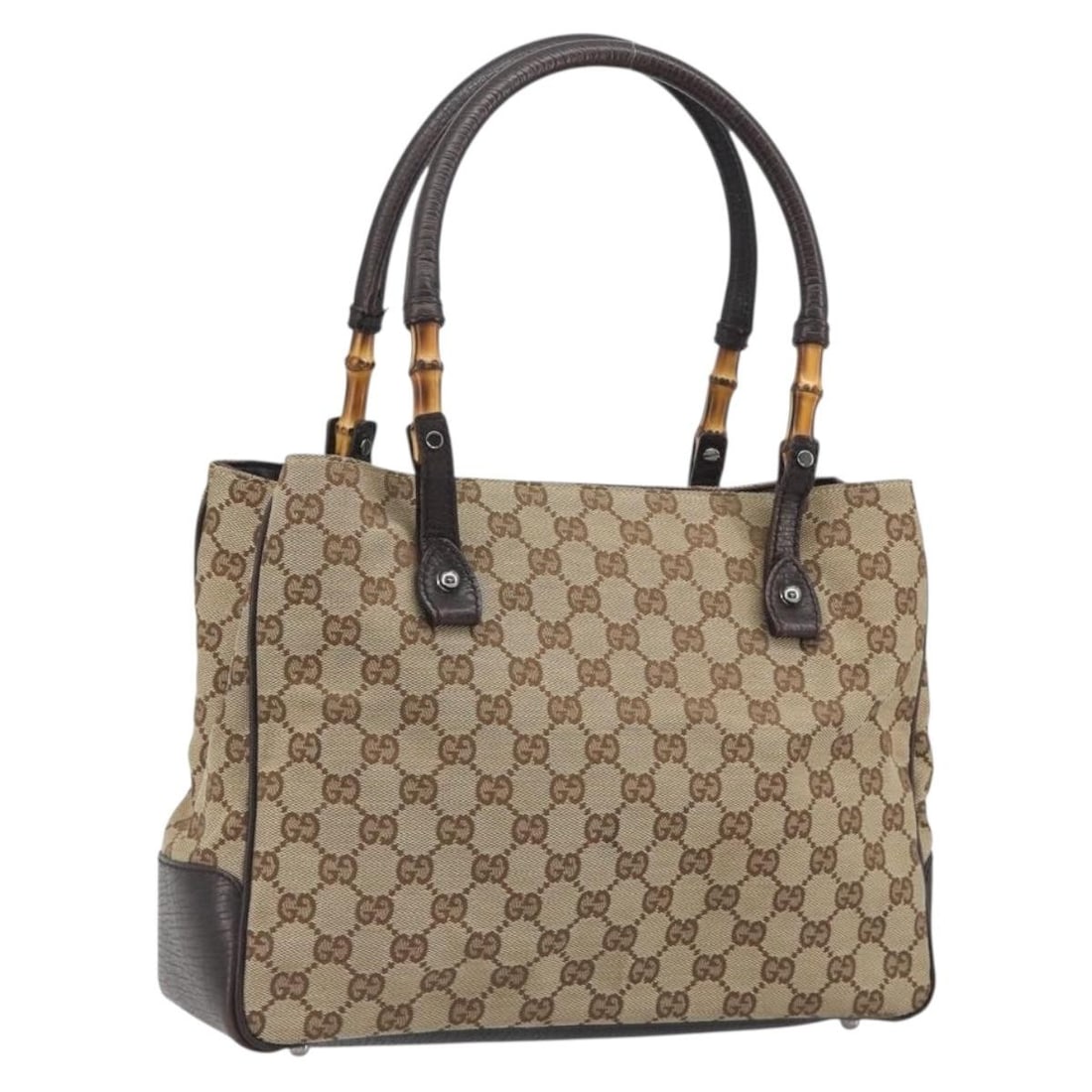 Gucci 112526 GG Canvas Bamboo Handbag Beige Silver Tone: Gucci 112526 GG Canvas Bamboo Handbag Beige Silver Tone Gucci GG Canvas hand bag in beige and silver, made in Italy from GG Canvas. The bag measures approximately 31 cm W x 23 cm H x 10 cm D, with a h