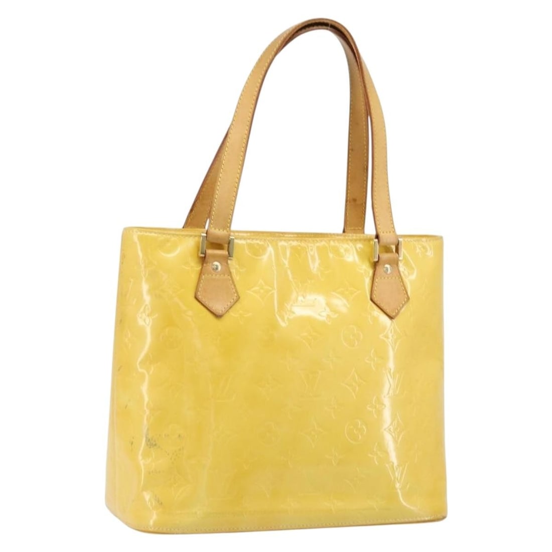 Louis Vuitton Houston Monogram Vernis Lime Yellow Patent Leather Handbag M91055: Louis Vuitton Houston Monogram Vernis Lime Yellow Patent Leather Handbag M91055 This LOUIS VUITTON Monogram Vernis Houston handbag features a striking lime yellow patent leather exterior. Designed for