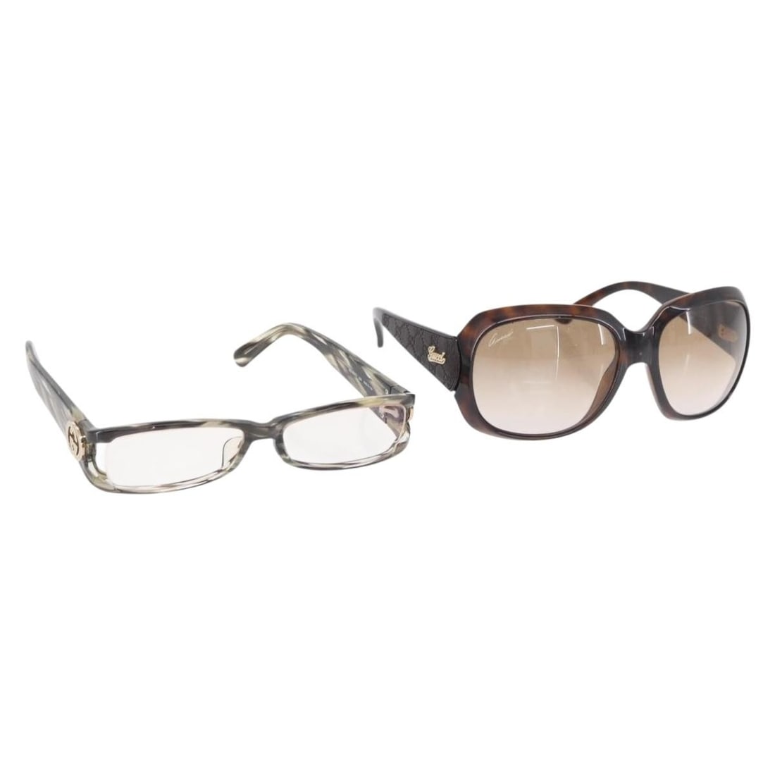 Set of 2 GUCCI Plastic Sunglasses Black and Brown with Case: Set of 2 GUCCI Plastic Sunglasses Black and Brown with Case This is a set of two authentic GUCCI sunglasses crafted from plastic in black and brown colors. The set includes both sunglasses and a sungl