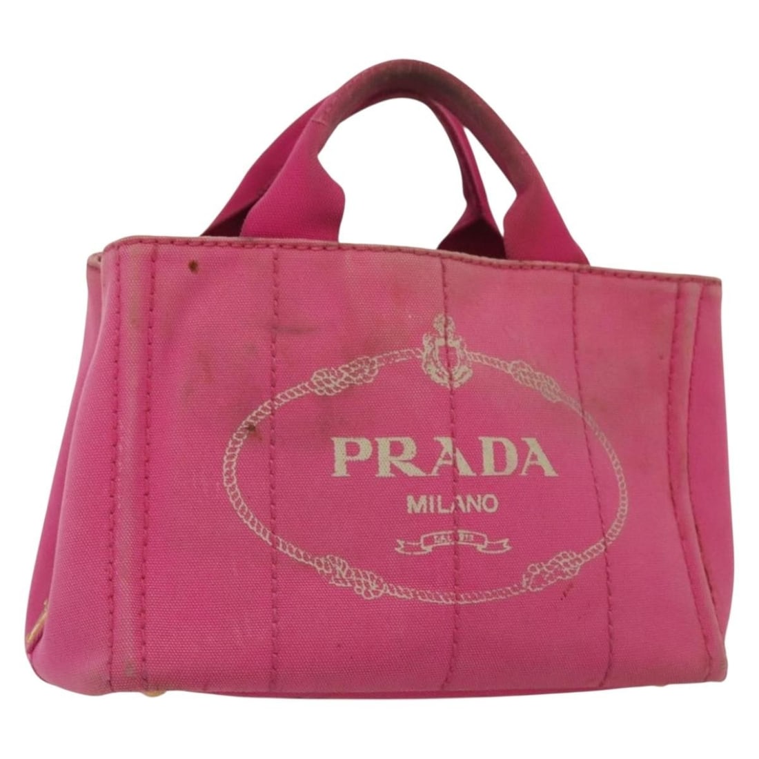 PRADA Canapa PM Canvas Handbag Pink Gold with Guarantee Card: PRADA Canapa PM Canvas Handbag Pink Gold with Guarantee Card Pink and gold PRADA hand bag in canvas, made in Turkey. It comes with a guarantee card and shows heavy use, with noted surface shape loss, 