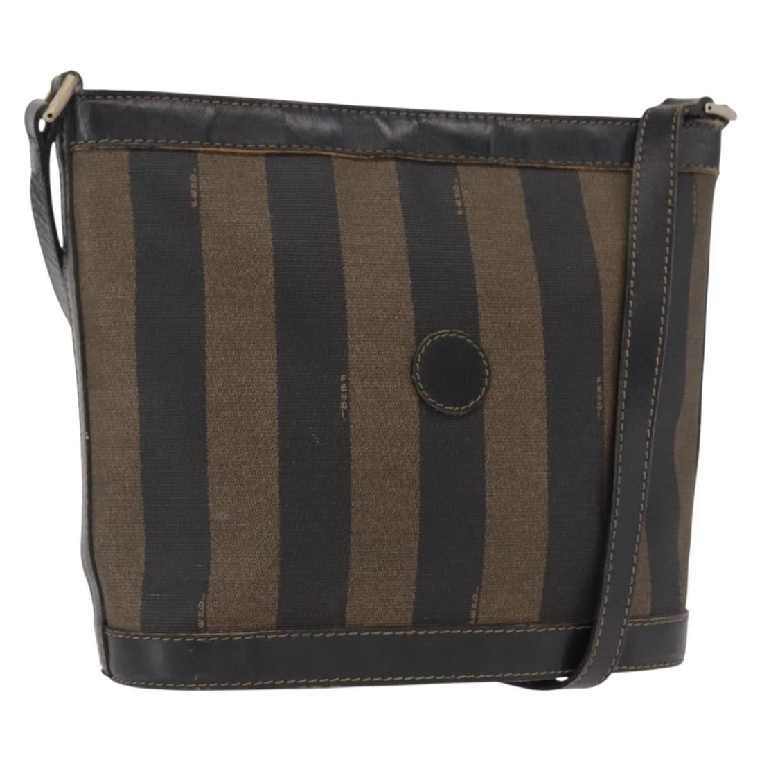Fendi Pequin Stripe PVC Shoulder Bag in Black Brown Gold: Fendi Pequin Stripe PVC Shoulder Bag in Black Brown Gold This is a Fendi shoulder bag crafted from PVC leather and Pequin canvas in black, brown, and gold tones. Made in Italy, the bag features a stru