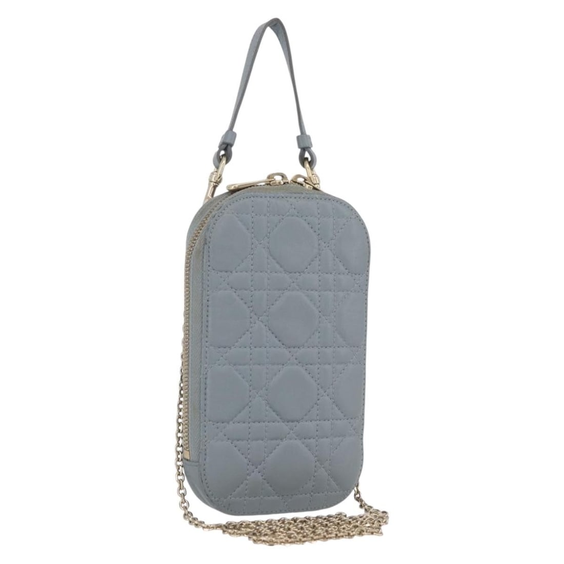 Christian Dior Cannage Lamb Skin Phone Shoulder Bag Gray: Christian Dior Cannage Lamb Skin Phone Shoulder Bag Gray Christian Dior Cannage phone pouch chain shoulder bag in gray and gold lamb skin, made in Italy. This women's shoulder bag has an approximate s
