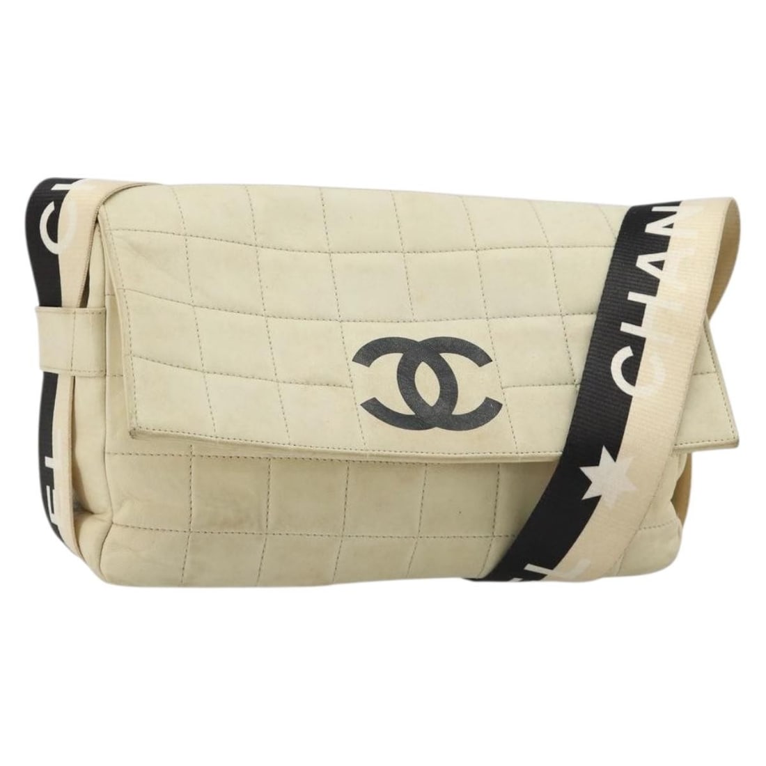 Chanel Choco Bar Lamb Skin Shoulder Bag White Gold CC: Chanel Choco Bar Lamb Skin Shoulder Bag White Gold CC A CHANEL Choco Bar shoulder bag in white and gold lamb skin, made in France. The bag measures approximately W24 x H17 x D6 cm, with a shoulder dro