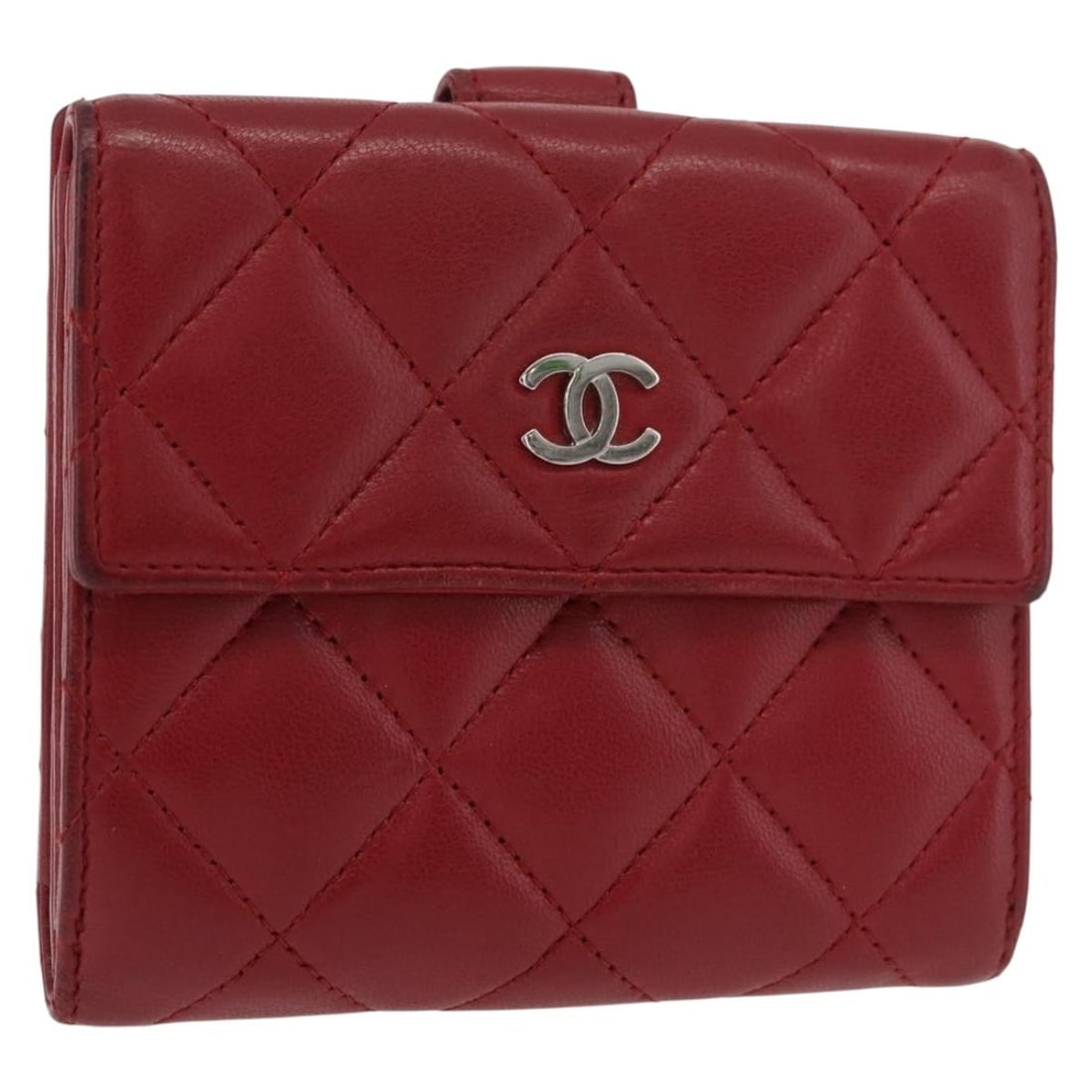 CHANEL Matelasse Lamb Skin Compact Wallet Red Silver CC Box Card (1 of 18)