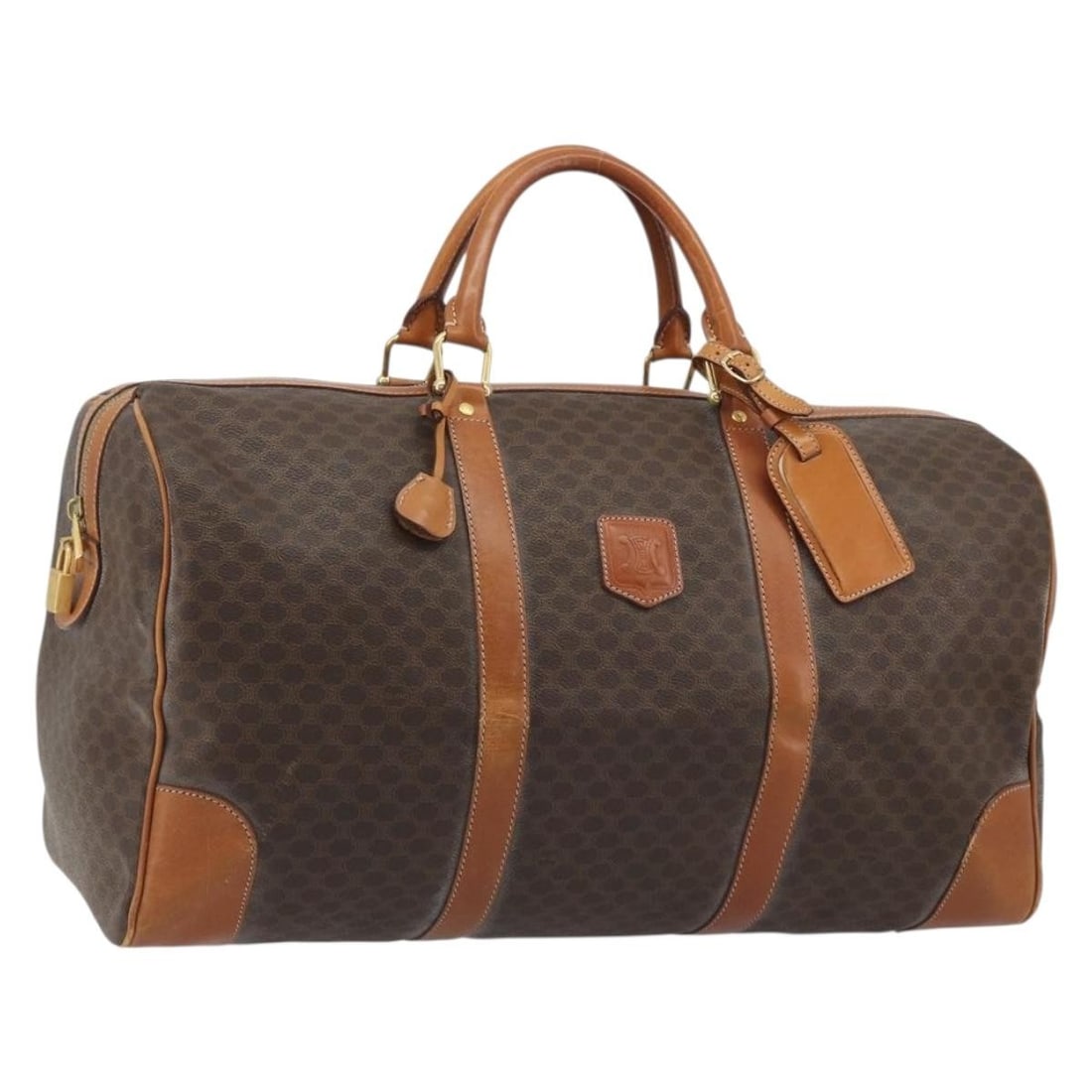 CELINE Macadam Boston Bag Brown PVC Leather with Padlock Key: CELINE Macadam Boston Bag Brown PVC Leather with Padlock Key CELINE Boston bag in brown and gold PVC leather with Macadam canvas details, made in Italy. It comes with a padlock, key, clochette, and na