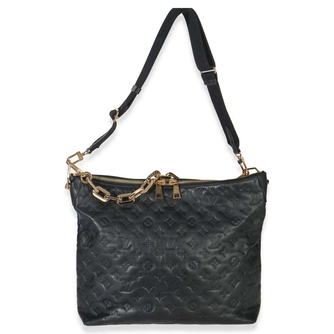 Louis Vuitton Coussin Hobo MM Black Lambskin Shoulder Bag: Louis Vuitton Coussin Hobo MM Black Lambskin Shoulder Bag This Louis Vuitton Coussin MM Hobo bag is crafted from black monogram-embossed lambskin leather and features gold-tone hardware. The bag inclu