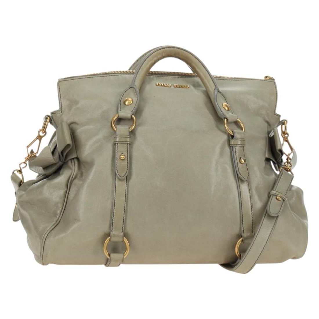 Miu Miu Leather 2way Handbag Gray with Gold Tone Hardware: Miu Miu Leather 2way Handbag Gray with Gold Tone Hardware Miu Miu 2-way handbag in gray leather with gold-tone accents. Made in Italy, this women's bag includes a shoulder strap for hand or shoulder c