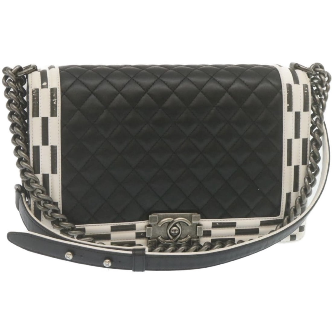 CHANEL Boy Chanel Black Lambskin Matelasse Shoulder Bag with Dust Bag: CHANEL Boy Chanel Black Lambskin Matelasse Shoulder Bag with Dust Bag A black CHANEL Matelasse Boy Chanel chain shoulder bag crafted in lamb skin leather. It is a shoulder bag made in Italy and comes 