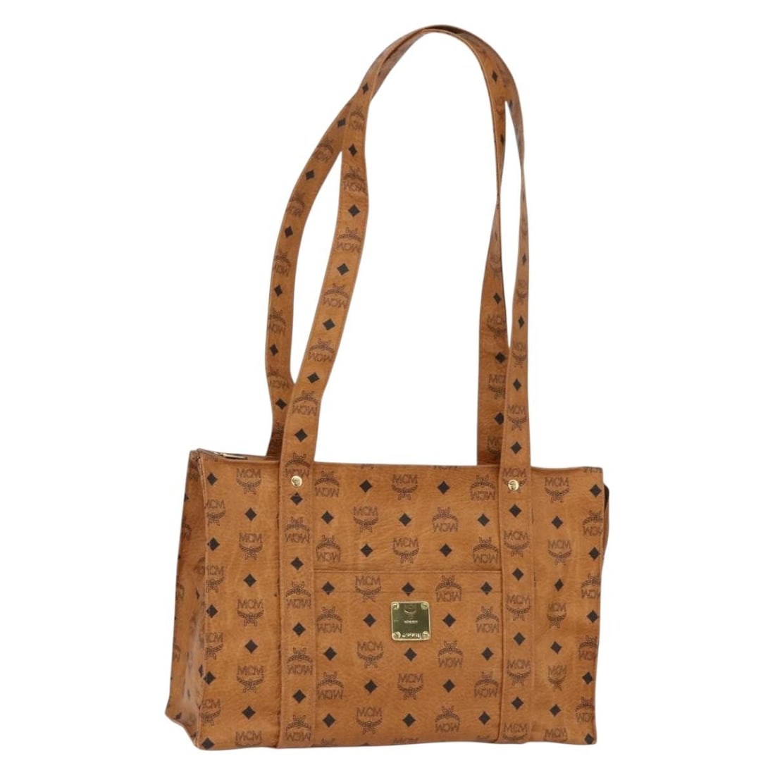 Brown PVC Logogram Tote with Gold Accents by MCM: Brown PVC Logogram Tote with Gold Accents by MCM This MCM Logogram Vicetos tote bag is crafted from brown and gold PVC leather and is designed for women. The bag features dual top handles with a 16.5 