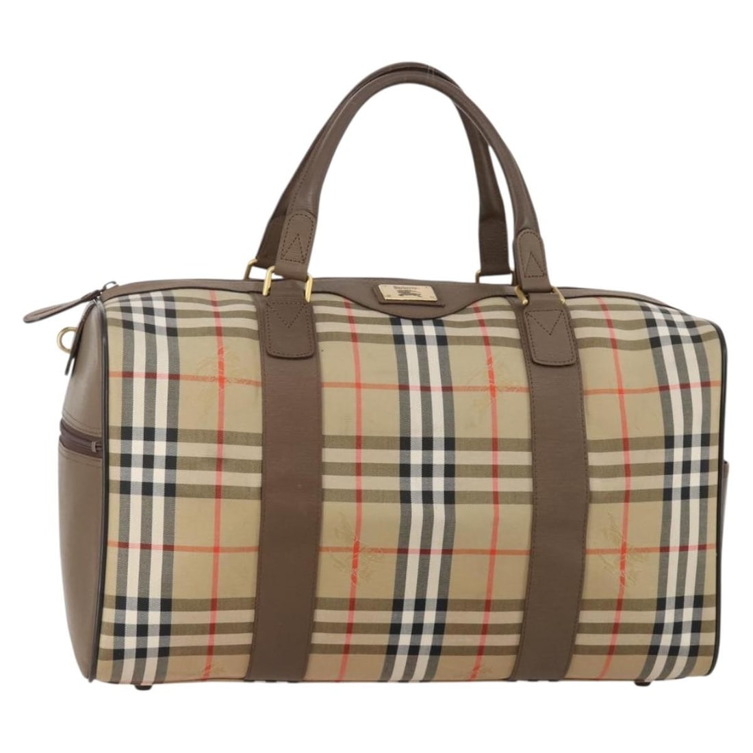 Burberrys Boston Bag in Beige Nova Check Canvas: Burberrys Boston Bag in Beige Nova Check Canvas Burberrys Boston bag in beige and gold canvas, designed for women. It measures approximately 46 cm wide, 26 cm high, and 23 cm deep, with a handle drop 