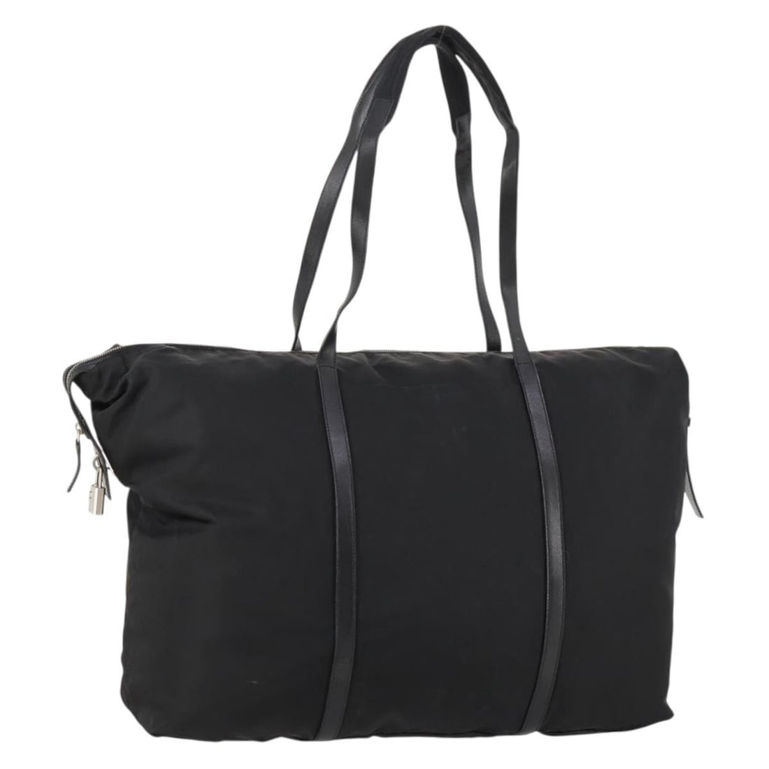 Prada Nylon Black Silver Boston Bag with Guarantee Card: Prada Nylon Black Silver Boston Bag with Guarantee Card This PRADA Boston Bag features a classic silhouette crafted from black nylon with silver-tone accents. Designed for women, the bag is made in It