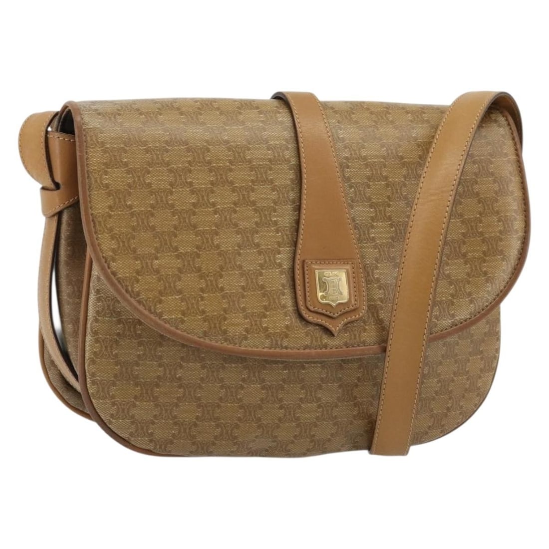 Celine Macadam PVC Canvas Shoulder Bag Beige Gold Tone: Celine Macadam PVC Canvas Shoulder Bag Beige Gold Tone A CELINE shoulder bag in beige and gold, made from PVC leather and Macadam canvas. It features a compact silhouette with a shoulder strap and was