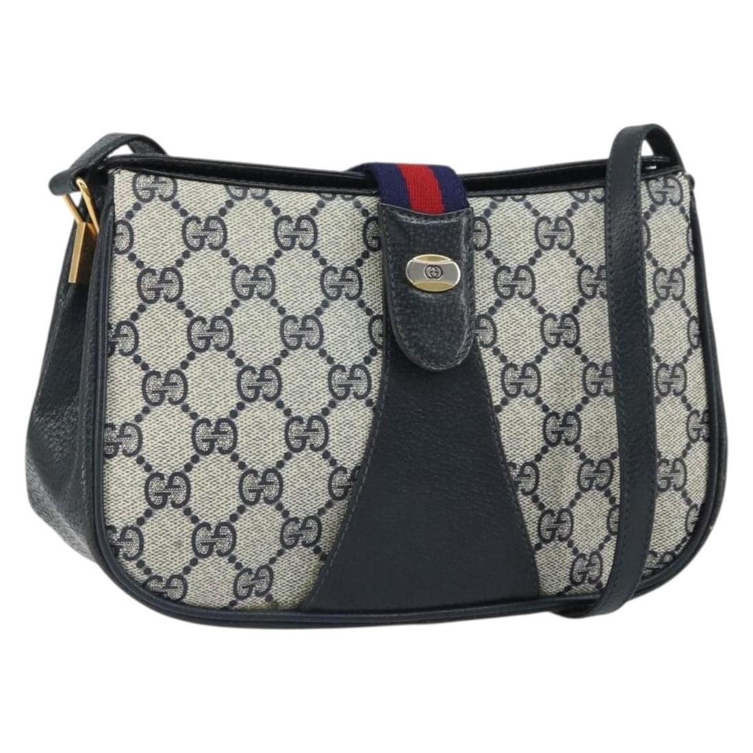 Gucci Sherry Line Navy GG Supreme Shoulder Bag PVC Leather Gold Details: Gucci Sherry Line Navy GG Supreme Shoulder Bag PVC Leather Gold Details This is a Gucci GG Supreme Sherry Line shoulder bag crafted from navy and gold PVC leather with GG canvas accents. Designed for 