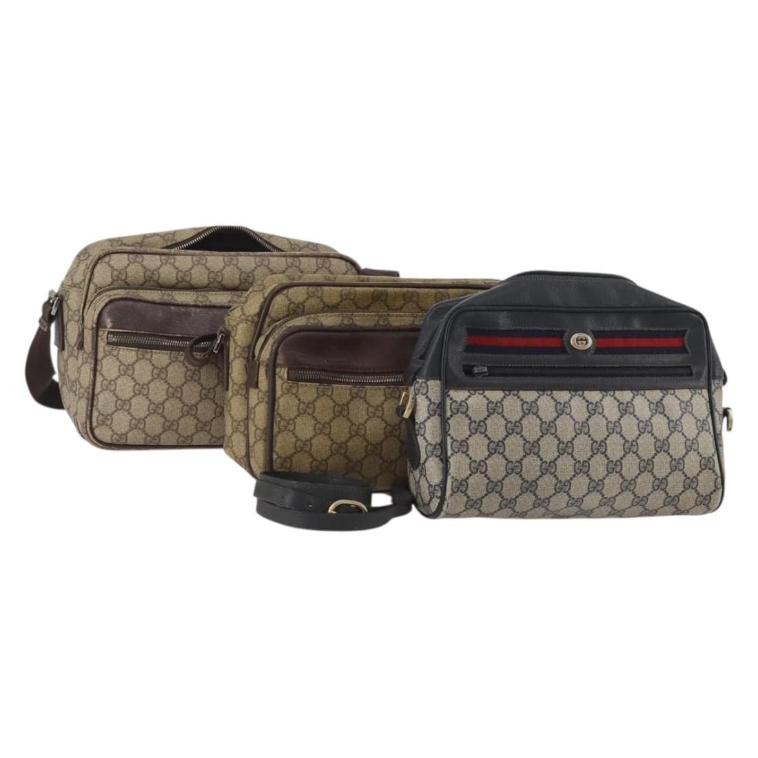 3 Piece Gucci GG Supreme Sherry Line PVC Shoulder Bag Set Navy Beige: 3 Piece Gucci GG Supreme Sherry Line PVC Shoulder Bag Set Navy Beige GUCCI shoulder bag in navy and beige PVC leather/GG canvas, made in Italy. This special set sale is offered as shown in the photo a
