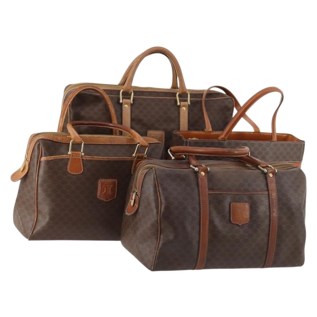 Set of 4 CELINE Macadam Brown PVC Leather Hand Bags: Set of 4 CELINE Macadam Brown PVC Leather Hand Bags CELINE Macadam canvas hand bag in brown PVC leather and Macadam canvas, made in Italy. This is a special set sale of 4 items, and the condition deta
