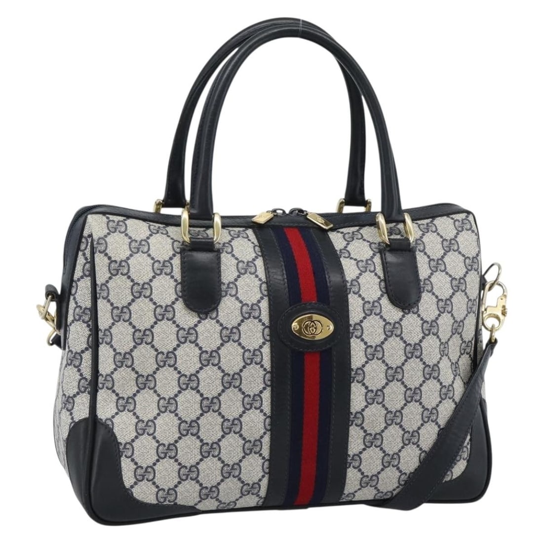 Gucci 002 58 0033 2way Navy GG Supreme Sherry Handbag: Gucci 002 58 0033 2way Navy GG Supreme Sherry Handbag Gucci GG Supreme Sherry Line 2-way handbag in navy and gold PVC leather with GG canvas trim. Made in Italy, this women's bag includes a shoulder s