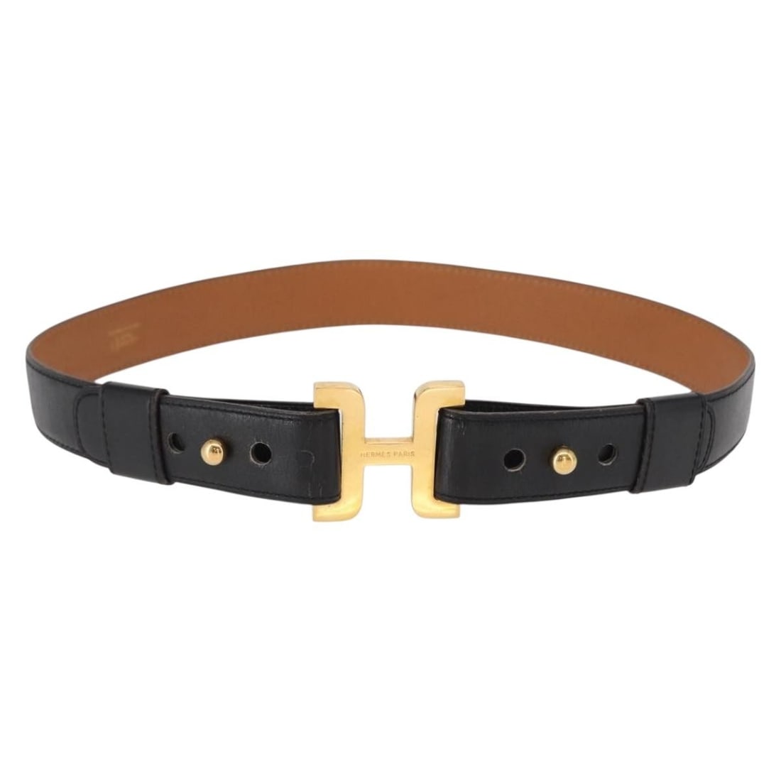 Hermes Black Leather Belt Gold Tone Women's France: Hermes Black Leather Belt Gold Tone Women's France Hermes leather belt in black and gold, made in France. The belt is a women's style with a width of 3 cm (1.2 inches) and a total length of approximat