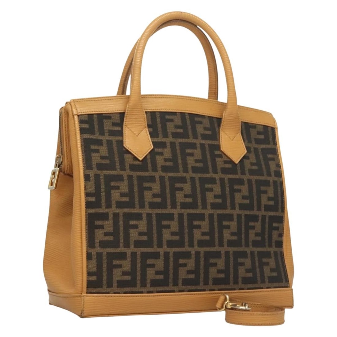 Fendi Zucca Canvas 2way Handbag Brown Black with Shoulder Strap: Fendi Zucca Canvas 2way Handbag Brown Black with Shoulder Strap FENDI Zucca Canvas 2way handbag in brown and black, made in Italy. It features a shoulder strap accessory and is crafted from Zucca canv