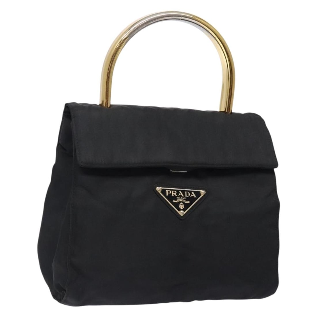 Prada Nylon Black Gold Handbag with Guarantee Card: Prada Nylon Black Gold Handbag with Guarantee Card This PRADA hand bag is crafted from black and gold nylon and is designed for women. Manufactured in Italy, it features a compact silhouette with appr