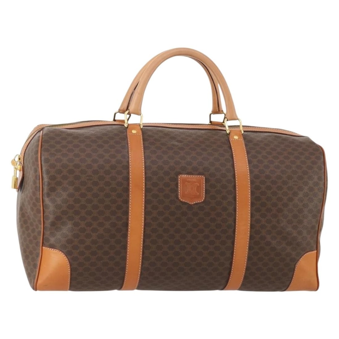 CELINE Macadam Boston Bag Brown PVC Leather with Padlock Key: CELINE Macadam Boston Bag Brown PVC Leather with Padlock Key Celine Macadam canvas Boston bag in brown with gold-tone accents, crafted with PVC leather trim. Made in Italy, this women's bag includes a