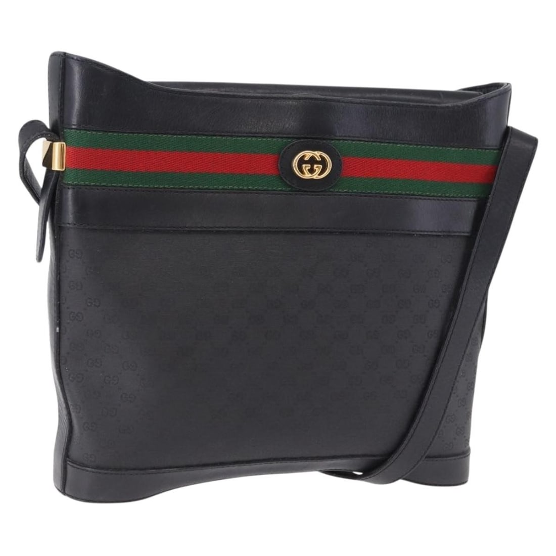 GUCCI Sherry Web Micro GG Supreme Shoulder Bag Black PVC Leather: GUCCI Sherry Web Micro GG Supreme Shoulder Bag Black PVC Leather Gucci Micro GG Supreme Web Sherry Line shoulder bag in black and gold, made in Italy from PVC leather and Micro Small GG canvas. The ba