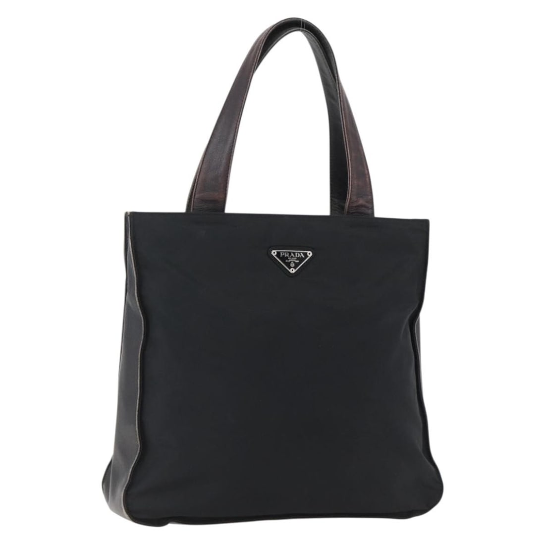 PRADA Black Nylon Tote Bag with Leather Trim Silver Tone: PRADA Black Nylon Tote Bag with Leather Trim Silver Tone Black Prada tote bag in nylon with leather details and silver-tone metal fittings. Made in Italy, this bag measures approximately 30 cm W x 30 