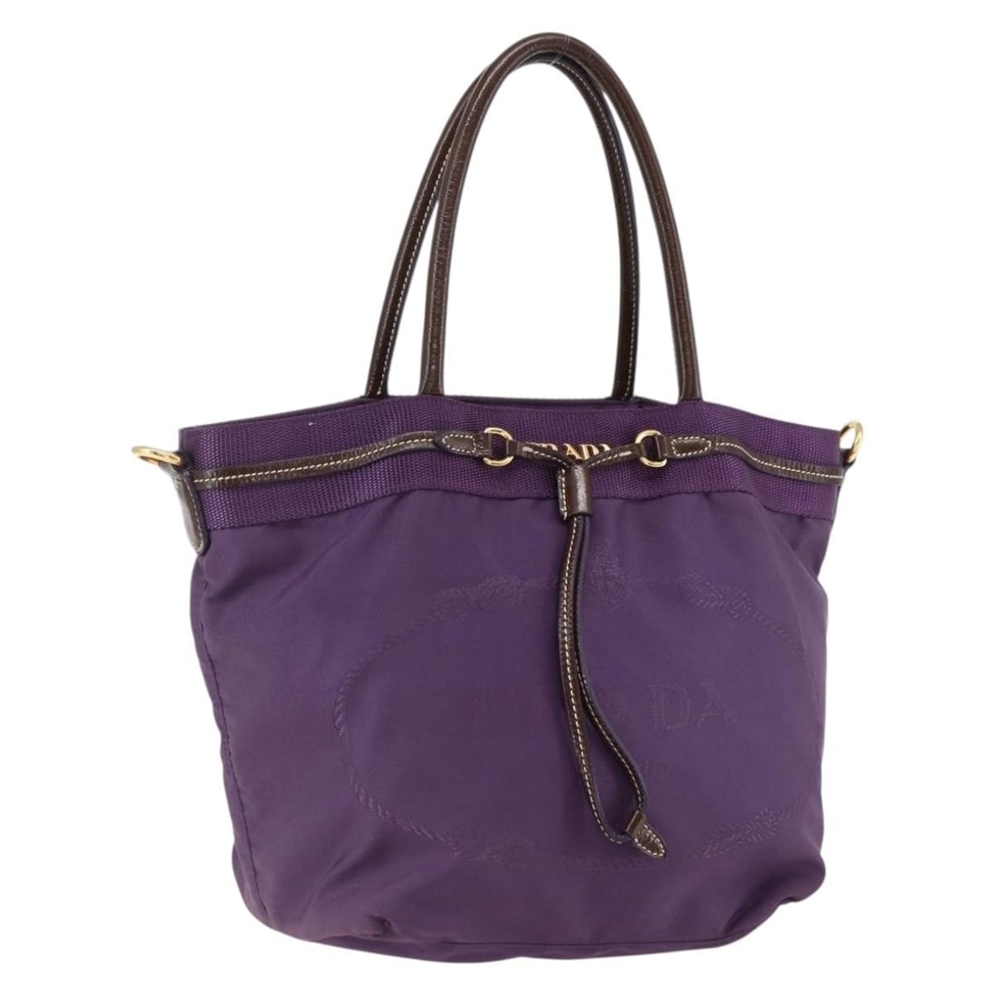 PRADA Purple Nylon Hand Bag with Guarantee Card: PRADA Purple Nylon Hand Bag with Guarantee Card Prada women's nylon handbag in purple with gold-tone accents, made in Italy. This handbag includes the guarantee card and shows heavy use, with noted we