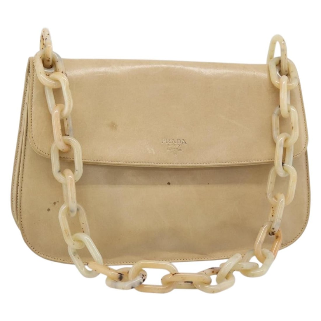 Prada Leather Shoulder Bag with Chain Strap Beige Silver Tone: Prada Leather Shoulder Bag with Chain Strap Beige Silver Tone Beige and silver PRADA chain shoulder bag in leather, made in Italy. The bag measures approximately 30 cm W x 20 cm H x 8 cm D, with an ap